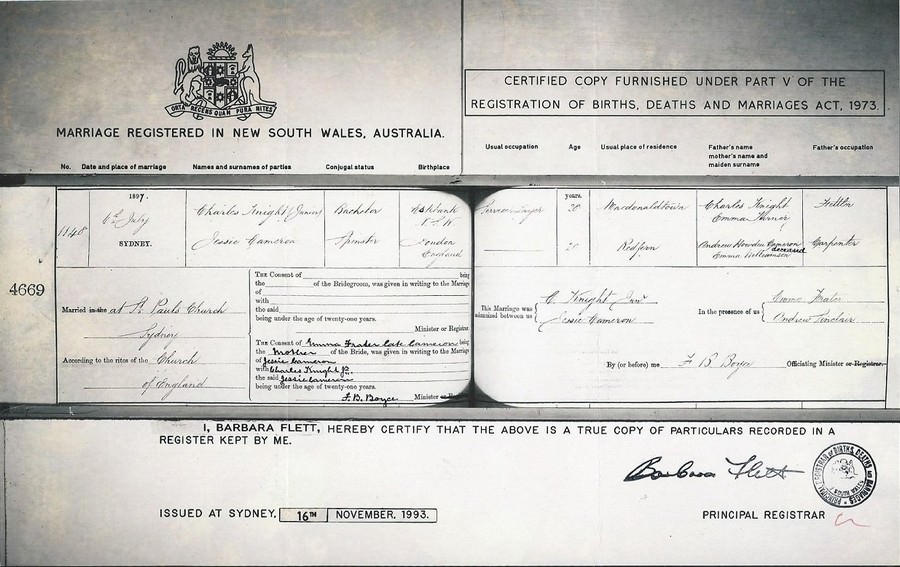 Marriage Certificate Charles Knight and Jessie Cameron